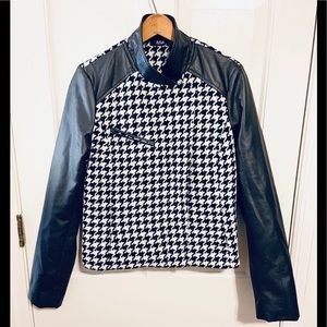 Ana black white houndstooth leather zip up jacket